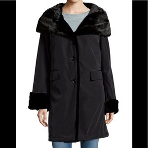 Jane Post Hooded Storm Coat Black w Faux Fur New